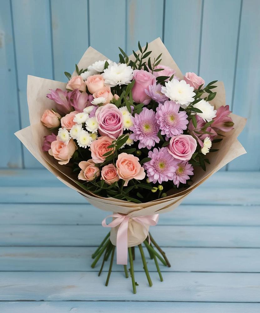 Букет цветов из: Хризантемы, Розы и Альстромерии в Чернолесском