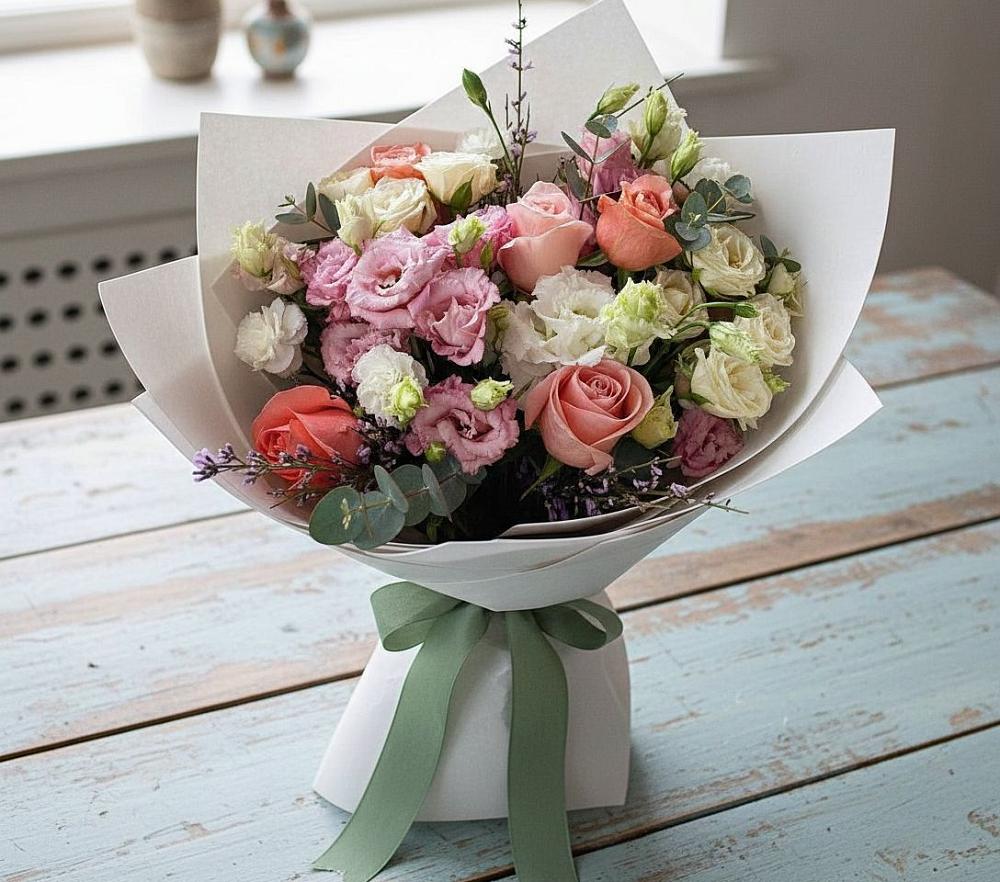 Букет цветов из: Розы, Лизиантусы и Гвоздики в Чернолесском