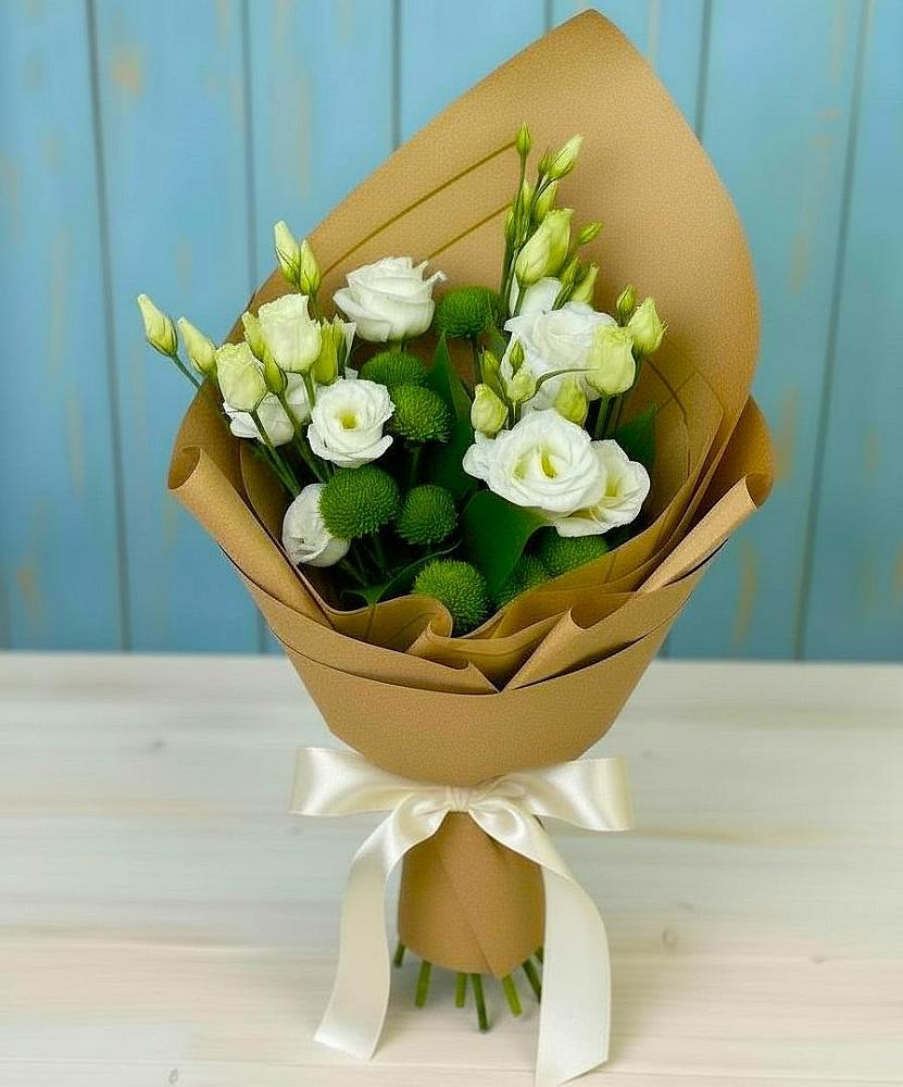 Букет цветов из: Хризантемы и Лизиантусы в Чернолесском