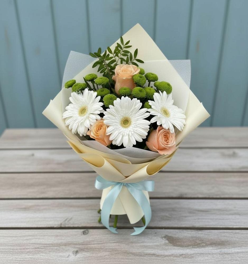 Букет цветов из: Герберы, Розы и Хризантемы в Чернолесском