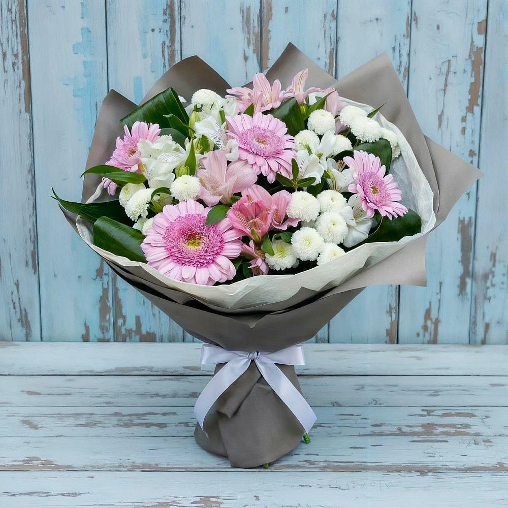 Букет цветов из: Герберы, Альстромерии и Хризантемы в Чернолесском