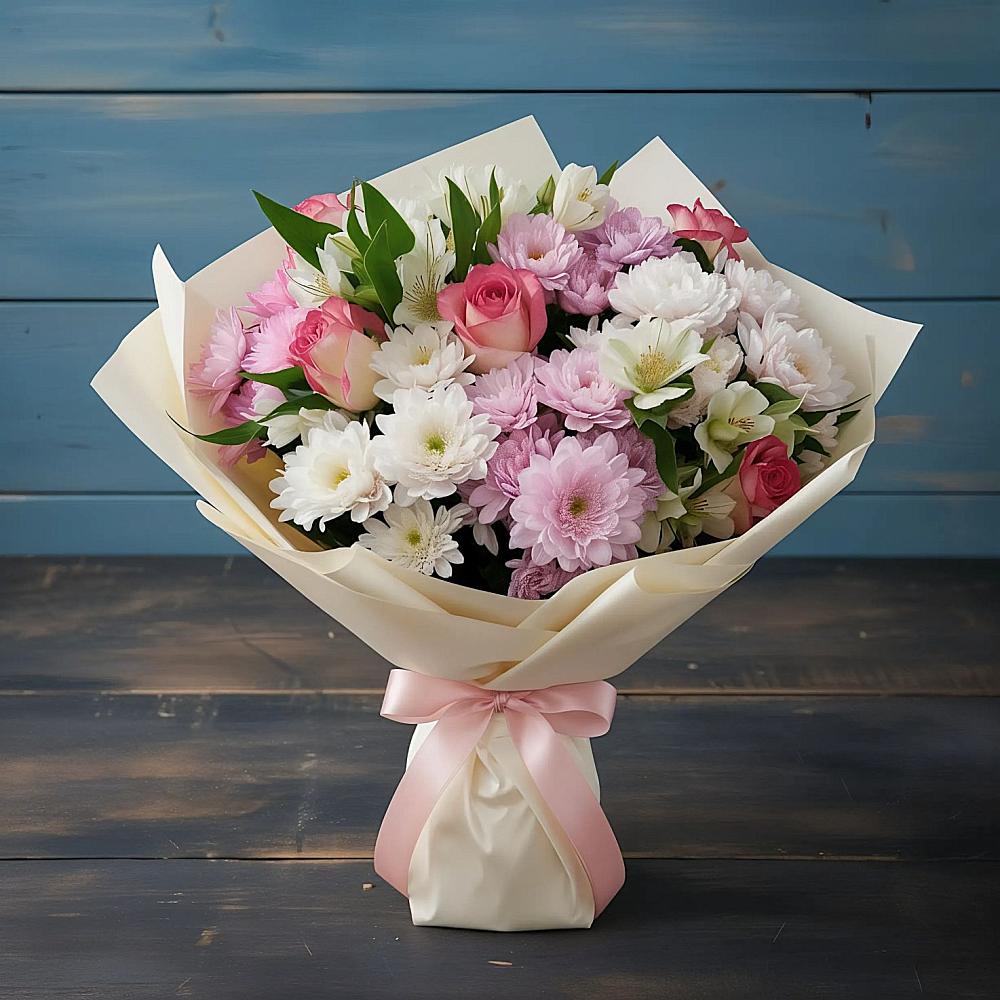 Букет цветов из: Хризантемы, Альстромерии и Розы в Чернолесском